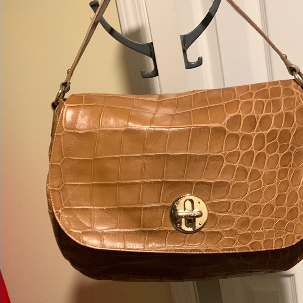 Furla Tan Crocodile-Embossed Shoulder Bag with Turnlock